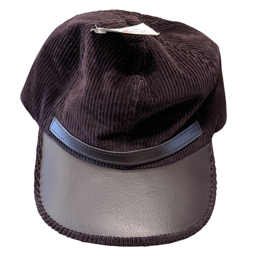 A M J Pacific Brown Corduroy Newsboy Cap Faux Leather Brim Made in USA Large NWT